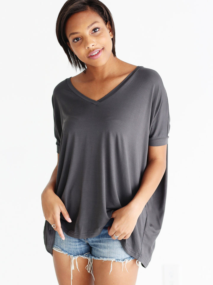 Dark Gray V-Neck Short Sleeve Top