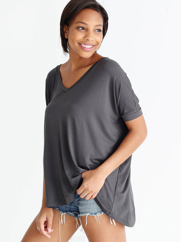 Dark Gray V-Neck Short Sleeve Top