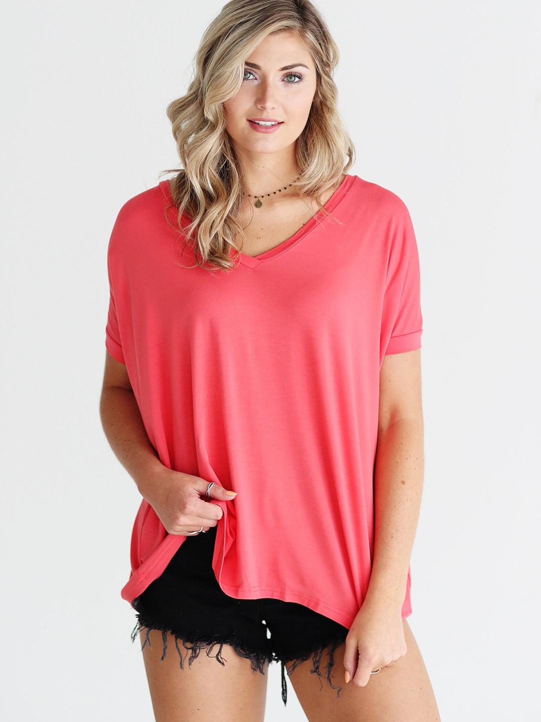 Hot Coral V-Neck Short Sleeve Top