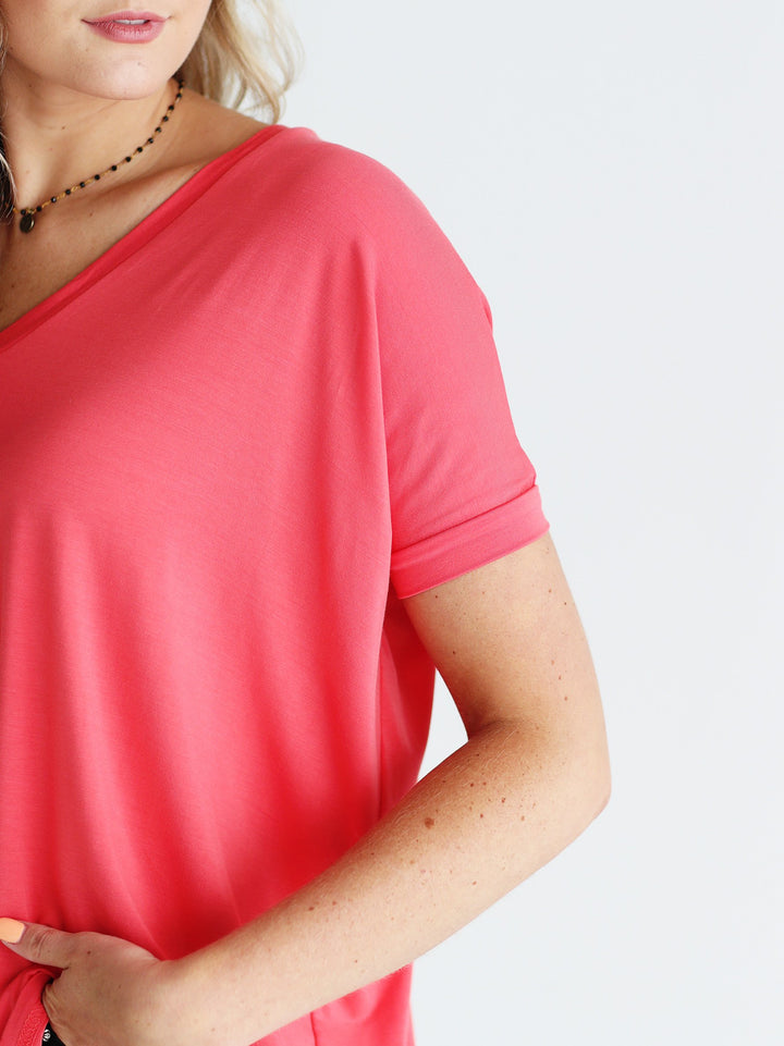 Hot Coral V-Neck Short Sleeve Top