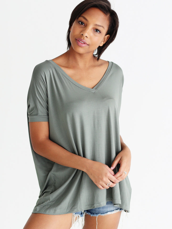 Light Olive V-Neck Short Sleeve Top