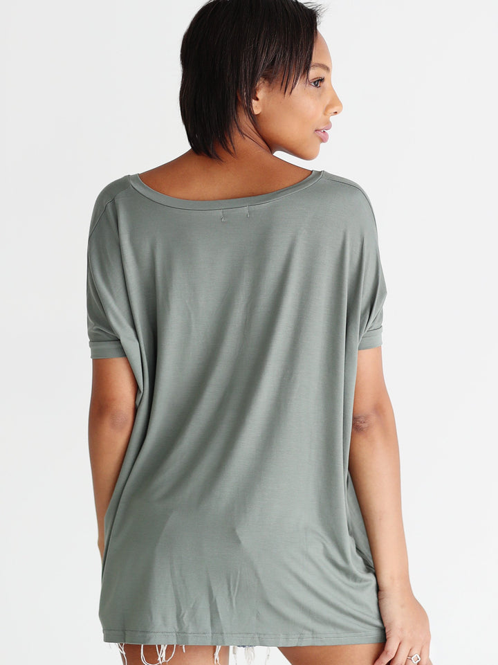 Light Olive V-Neck Short Sleeve Top