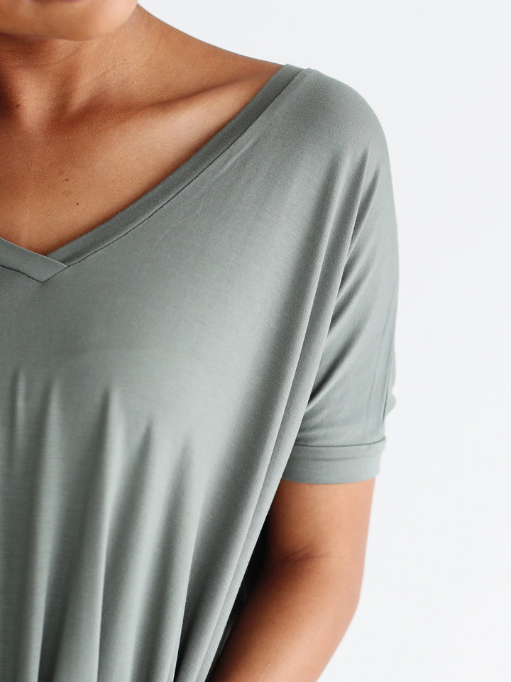Light Olive V-Neck Short Sleeve Top