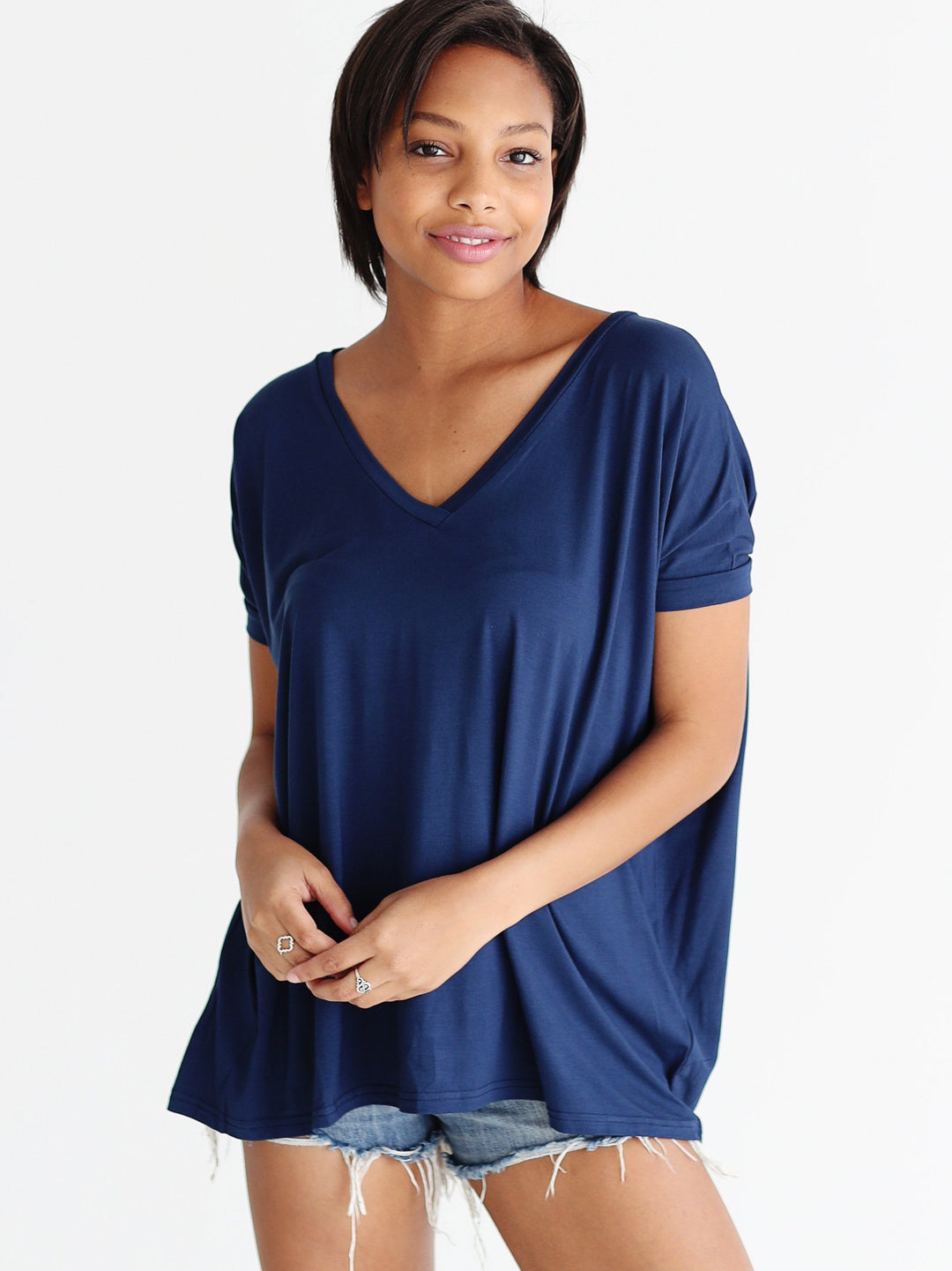 Navy V-Neck Short Sleeve Top