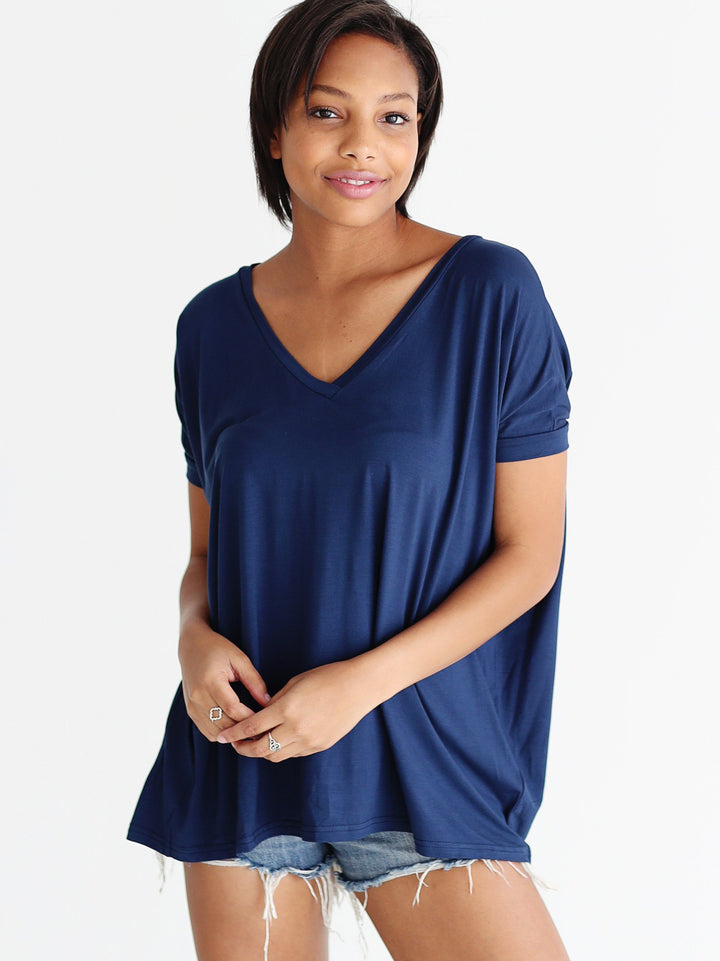Navy V-Neck Short Sleeve Top