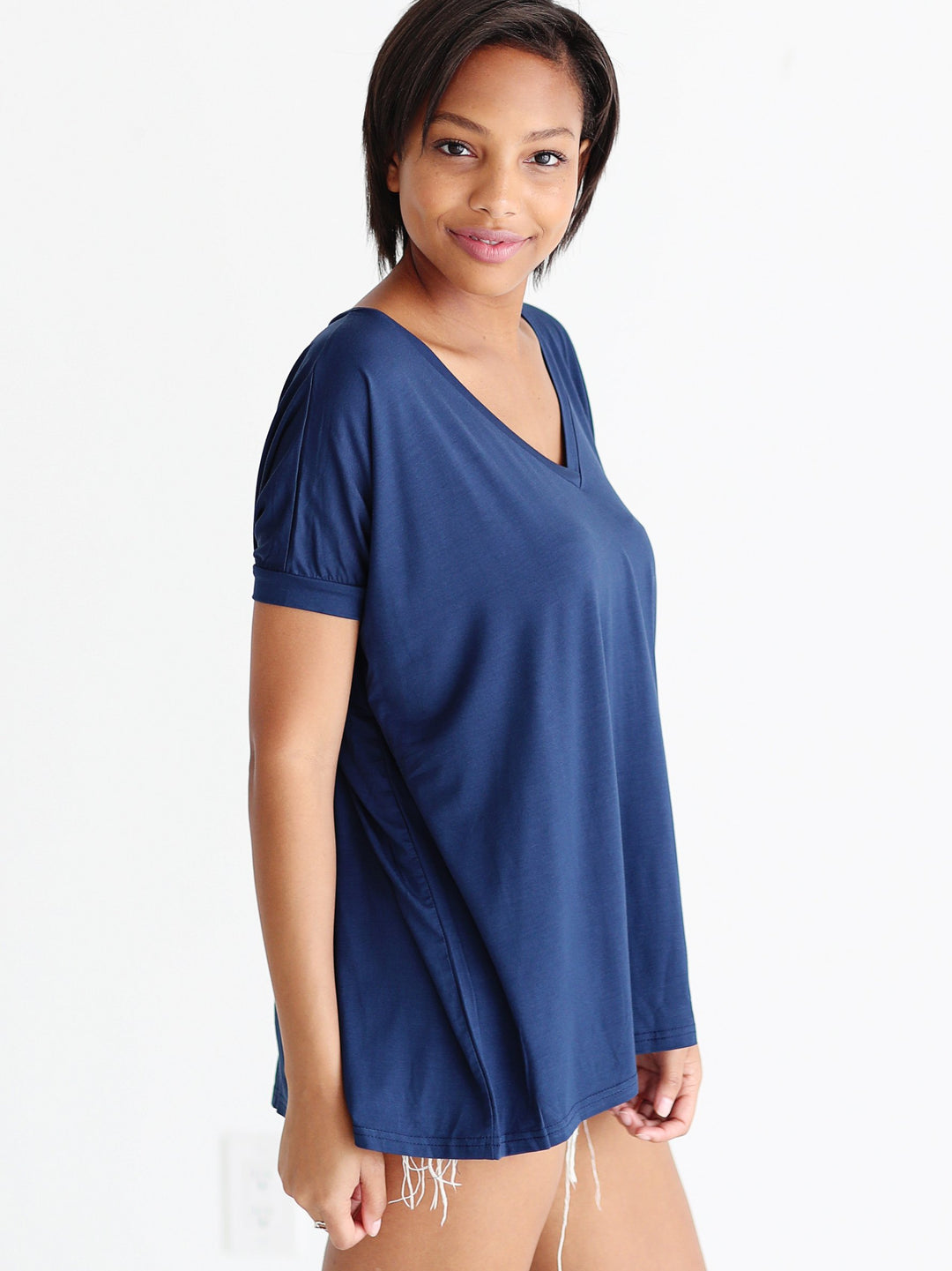 Navy V-Neck Short Sleeve Top