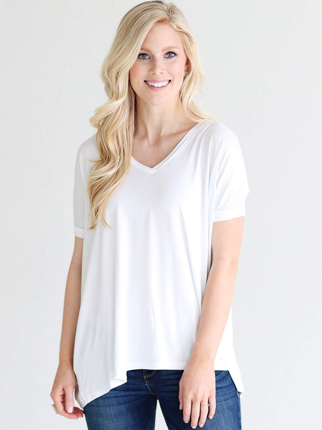 White V-Neck Short Sleeve Top