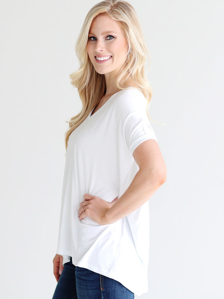 White V-Neck Short Sleeve Top