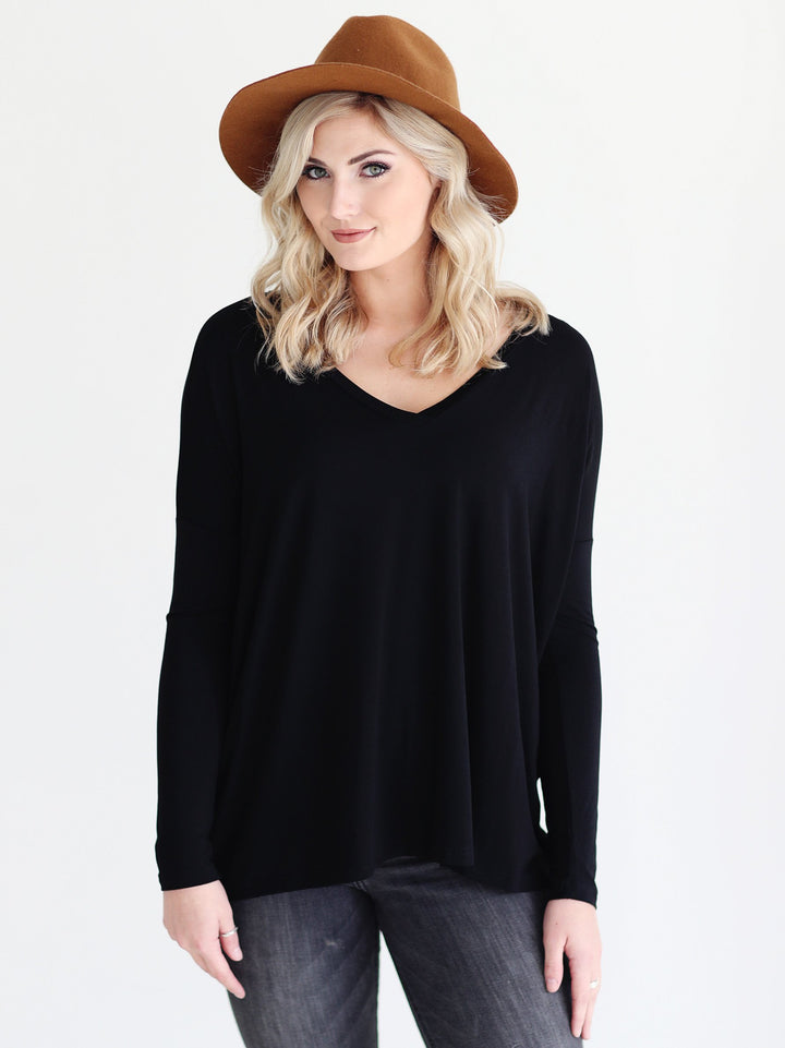 Black V-Neck Long Sleeve Top