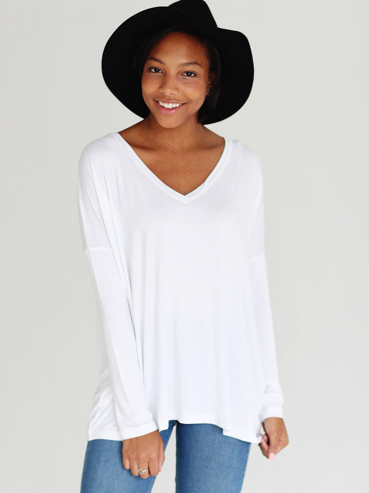 White V-Neck Long Sleeve Top