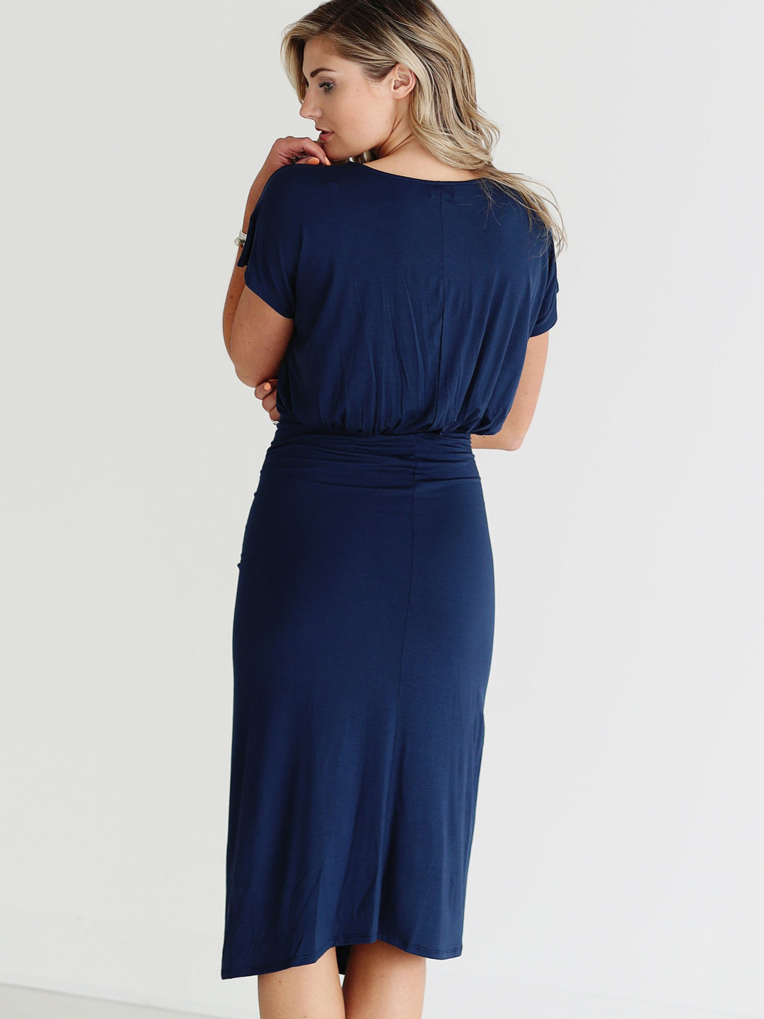 Navy DLMN Ruched Side Midi Dress