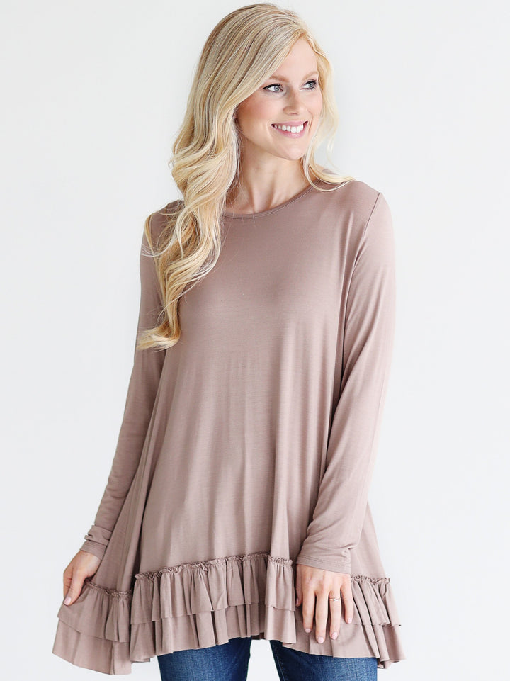 Taupe DLMN Double Ruffle Tunic