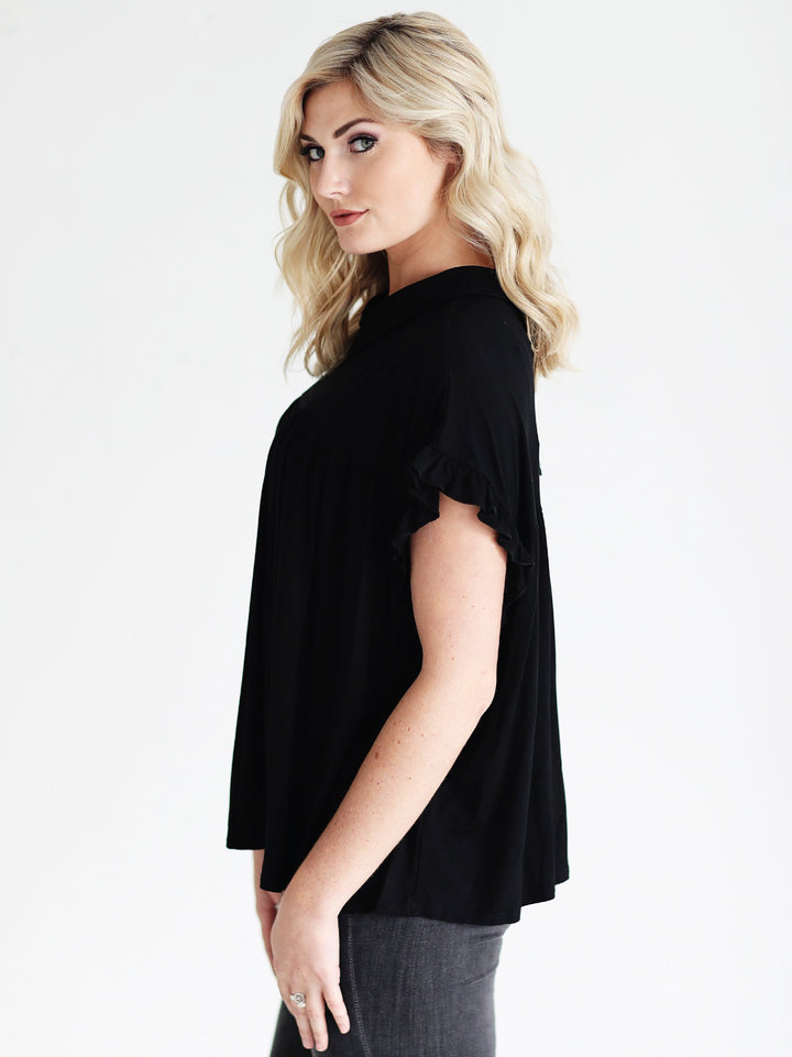 Black DLMN Collared Ruffle Sleeve Babydoll Top