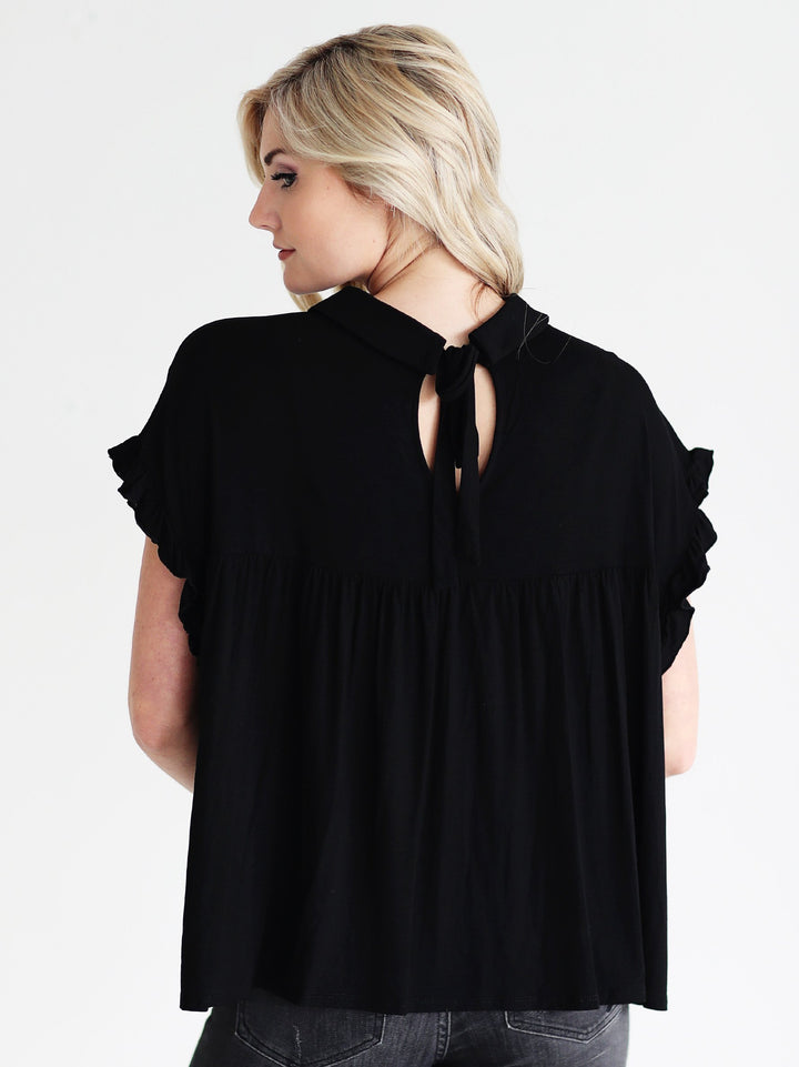 Black DLMN Collared Ruffle Sleeve Babydoll Top