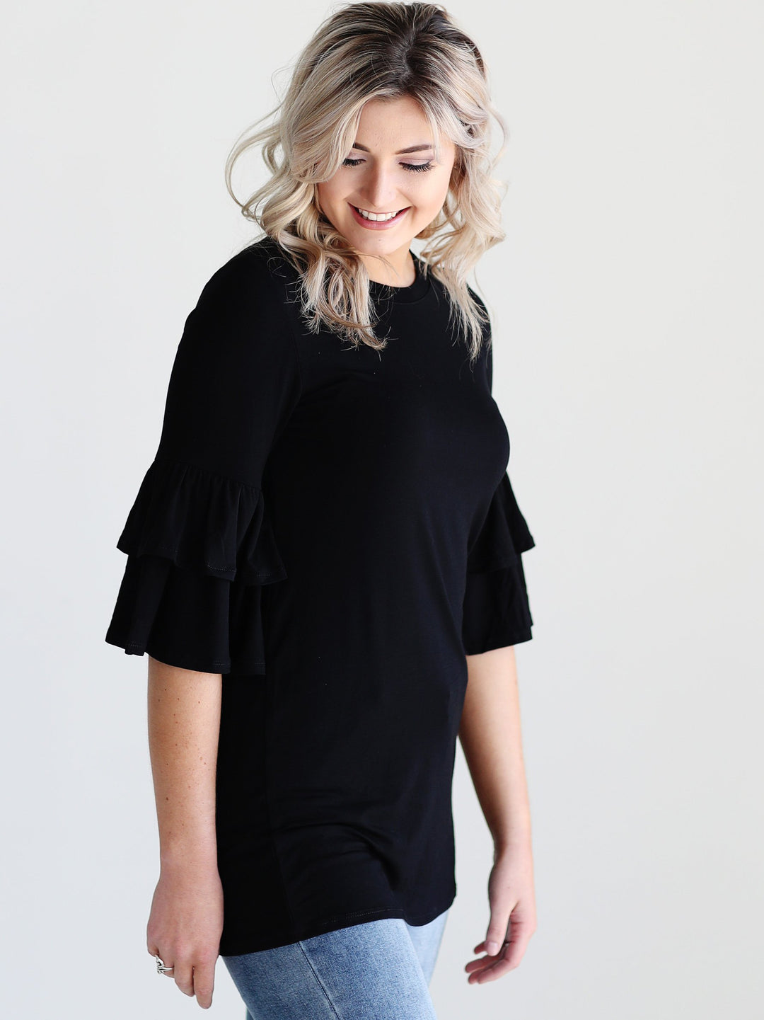Black DLMN Double Ruffle Sleeve Top