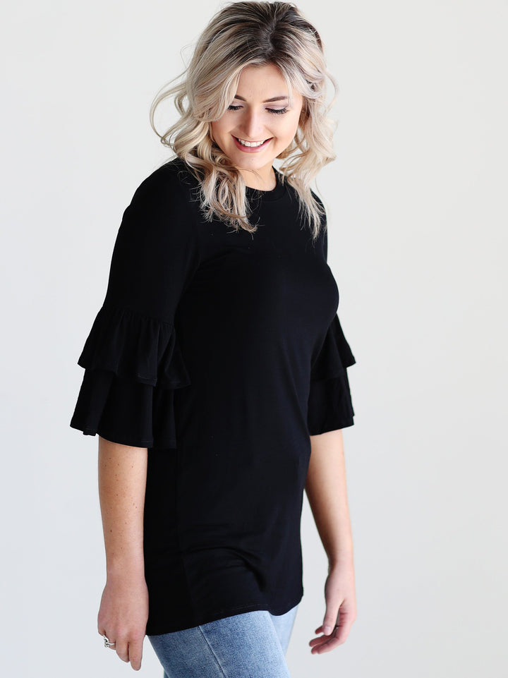 Black DLMN Double Ruffle Sleeve Top