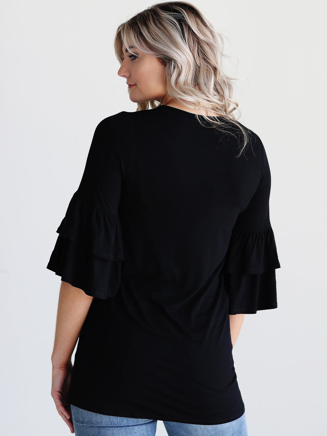 Black DLMN Double Ruffle Sleeve Top