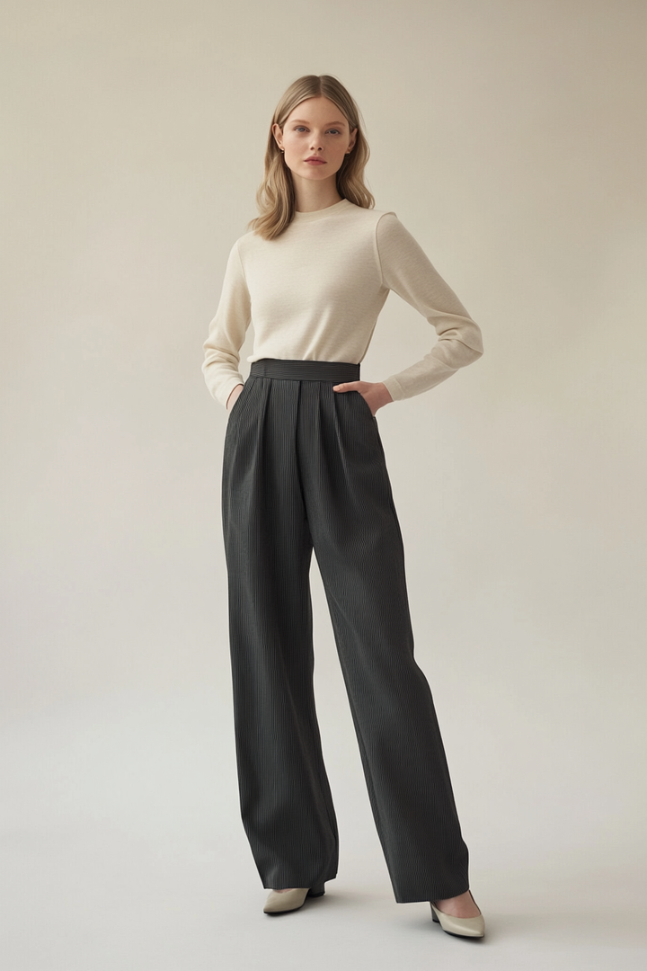 Model wearing The Ames Trouser in charcoal crepe with a high-rise waist and wide-leg silhouette.