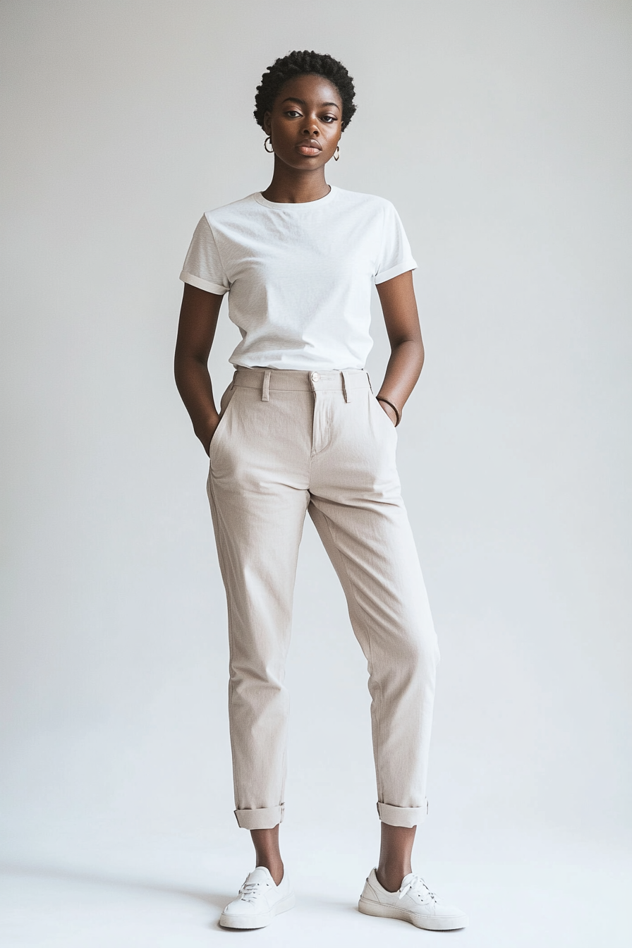 Model wearing The Palo Straight in stone cotton twill with a mid-rise fit and ankle-length straight leg.