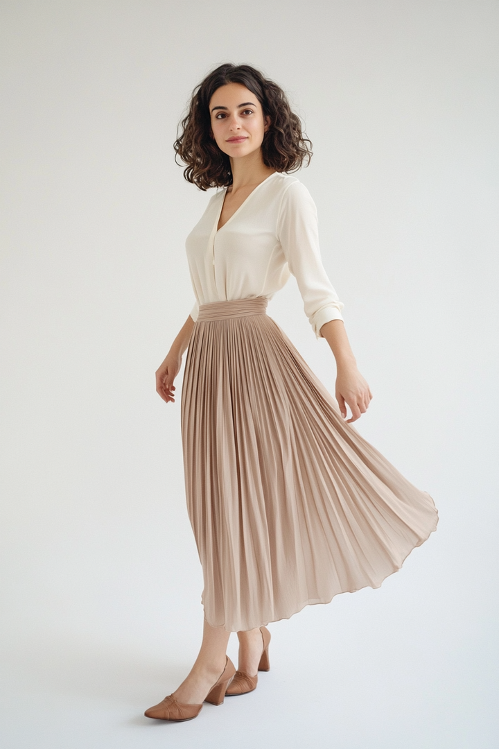 Model wearing The Reva Midi Skirt in warm taupe with pleated detail and a fluid midi-length silhouette.