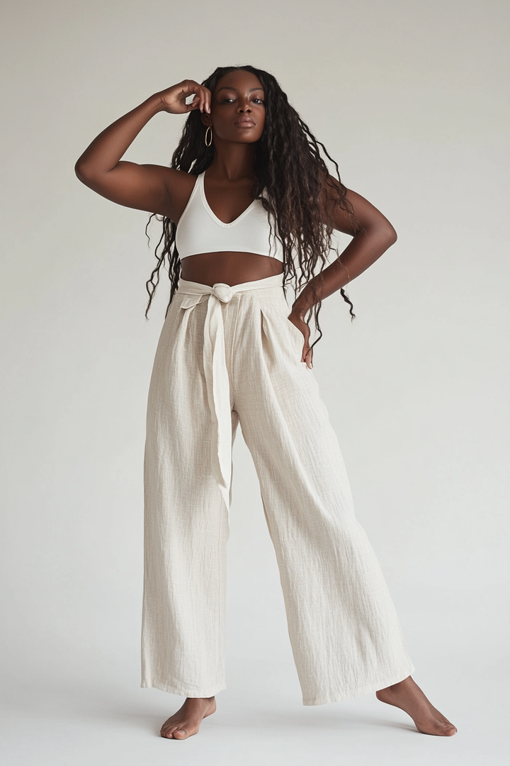 Model wearing The Tura Wide in a sand linen blend with a paper bag waist and self-tie detail.