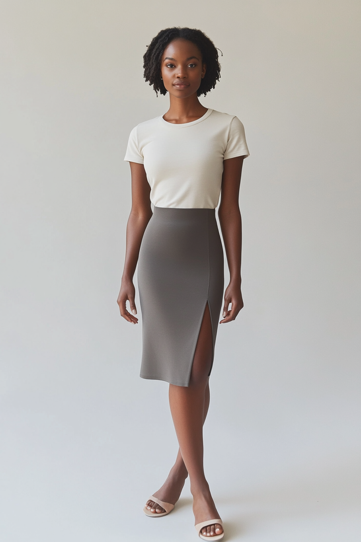 Model wearing The Soro Skirt in slate jersey with a straight midi silhouette and side slit.