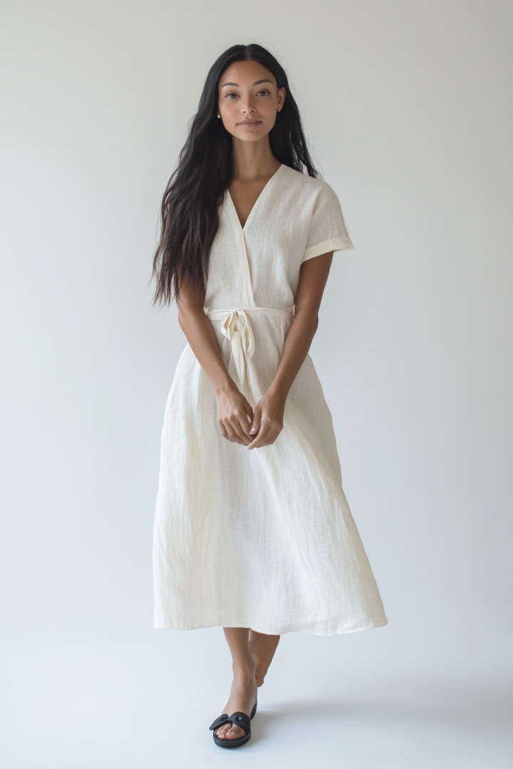 Model wearing The Lena Midi in warm ivory linen with a wrap-inspired neckline and self-tie waist.