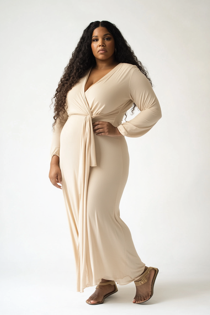 Model wearing The Miro Wrap in soft sand jersey with a draped waist tie and floor-grazing length.