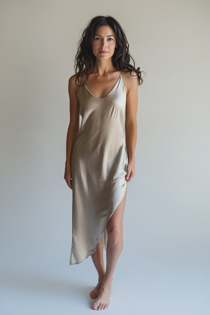 Model wearing The Sofia Slip in muted stone satin with a bias-cut silhouette and asymmetrical hem.