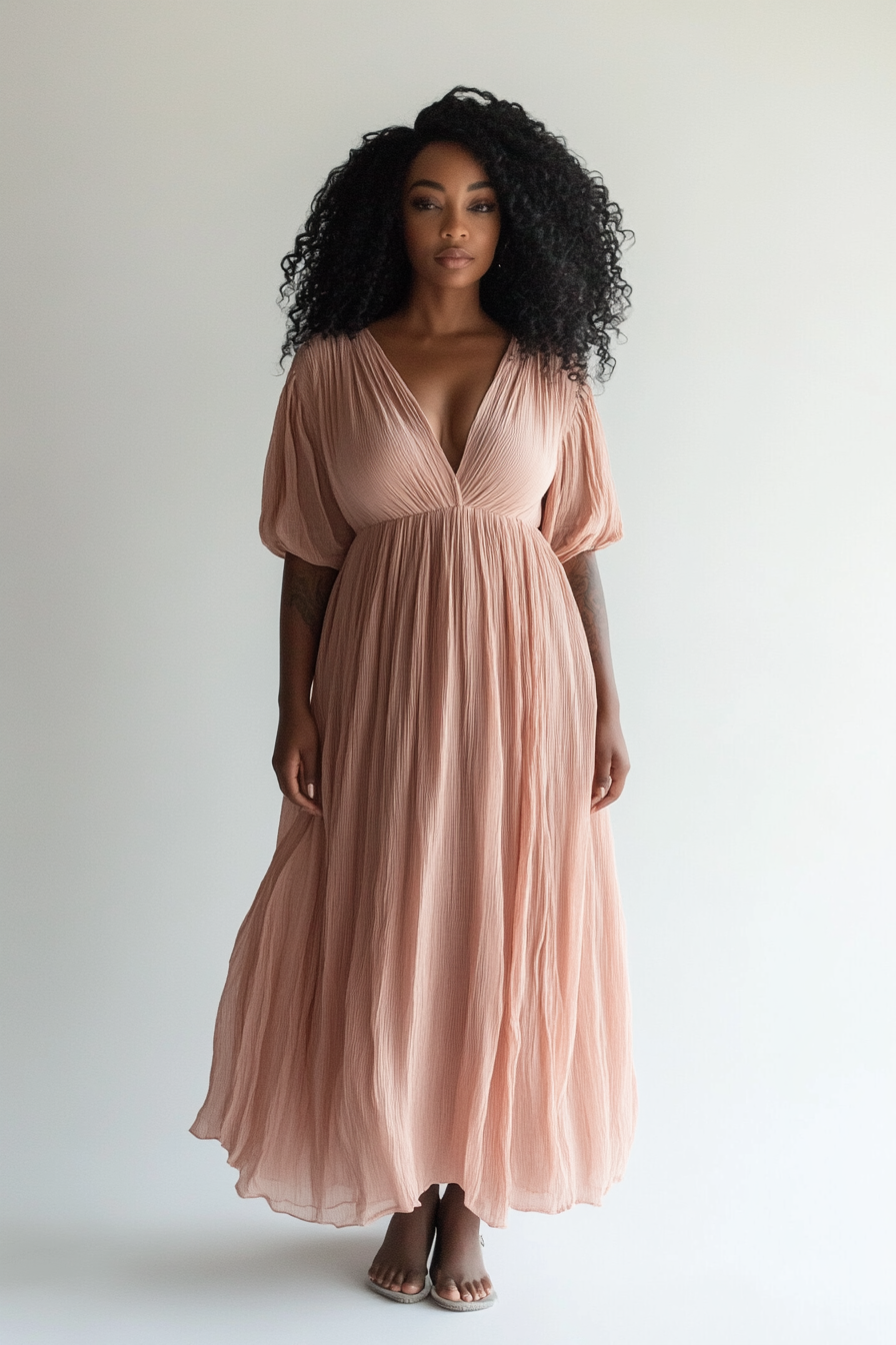 Model wearing The Daya Maxi in dusty rose gauze with soft volume and gathered sleeves.