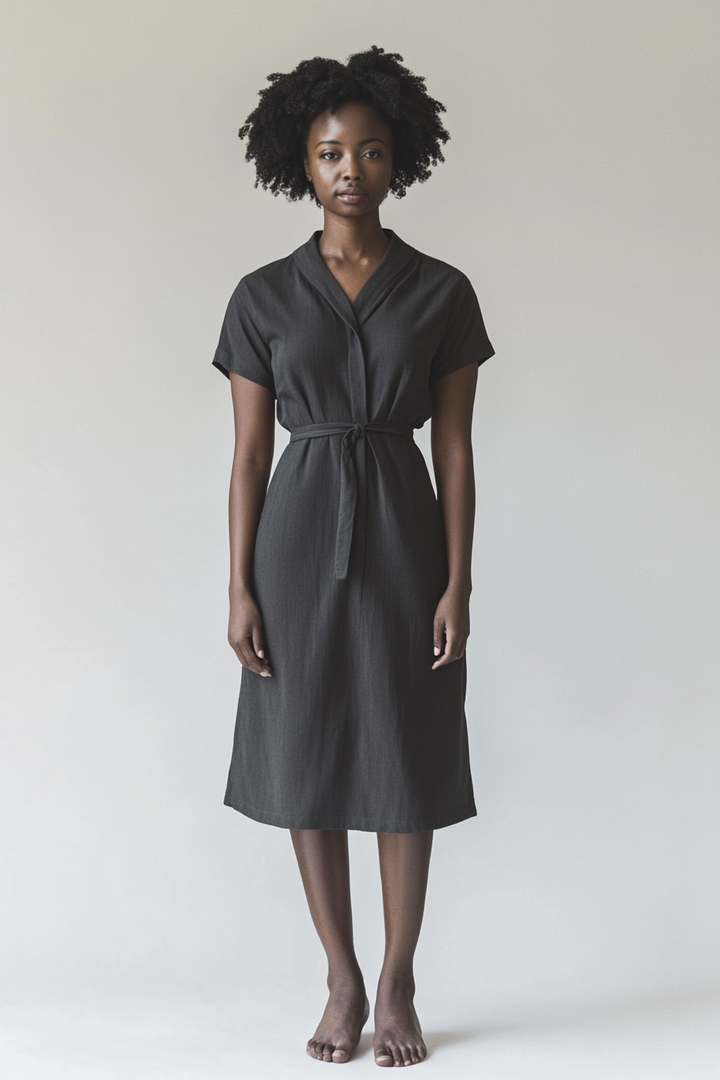 Model wearing The Remy Day Dress in charcoal woven fabric with a self-tie waist and shawl-style neckline.