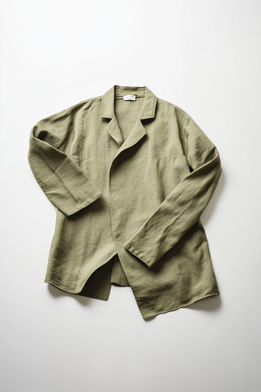 The Brisa Overshirt in muted sage linen flat lay