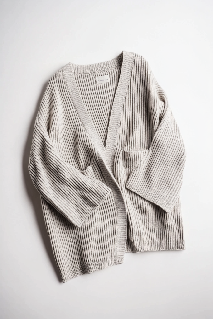 The Eno Cardigan in stone knit flat lay