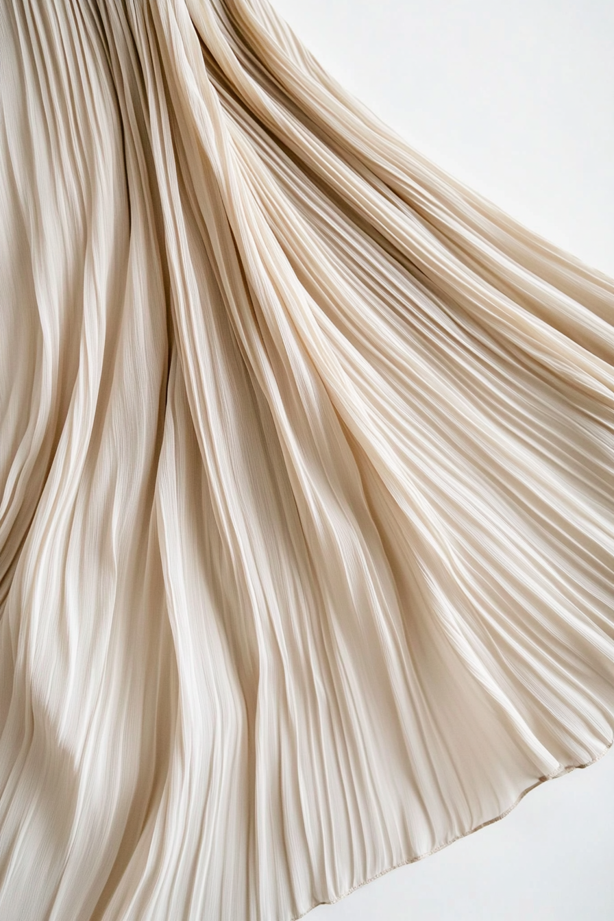 The Reva Midi Skirt in pleated taupe flat lay
