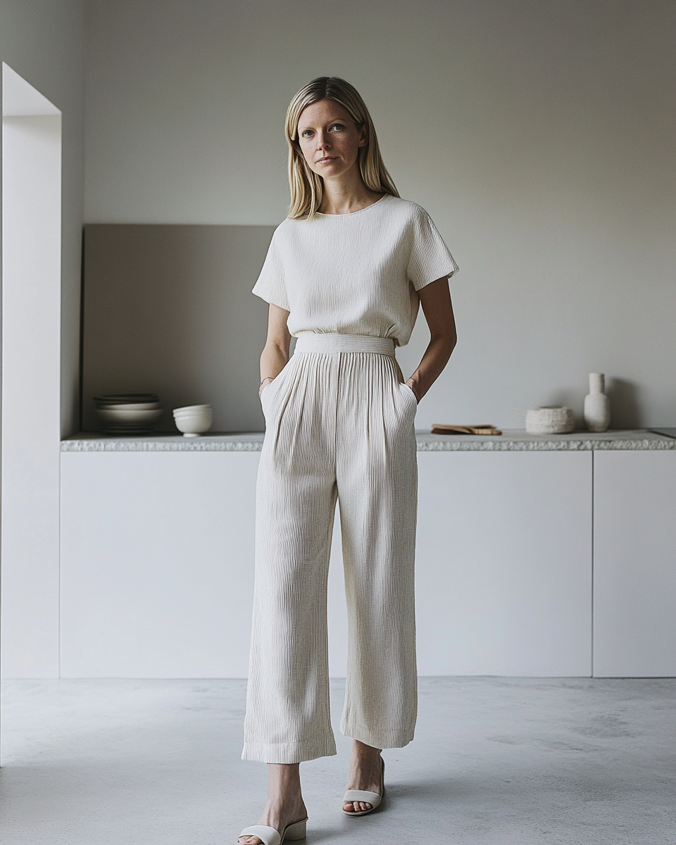 Woman in white linen co-ord standing in modern kitchen