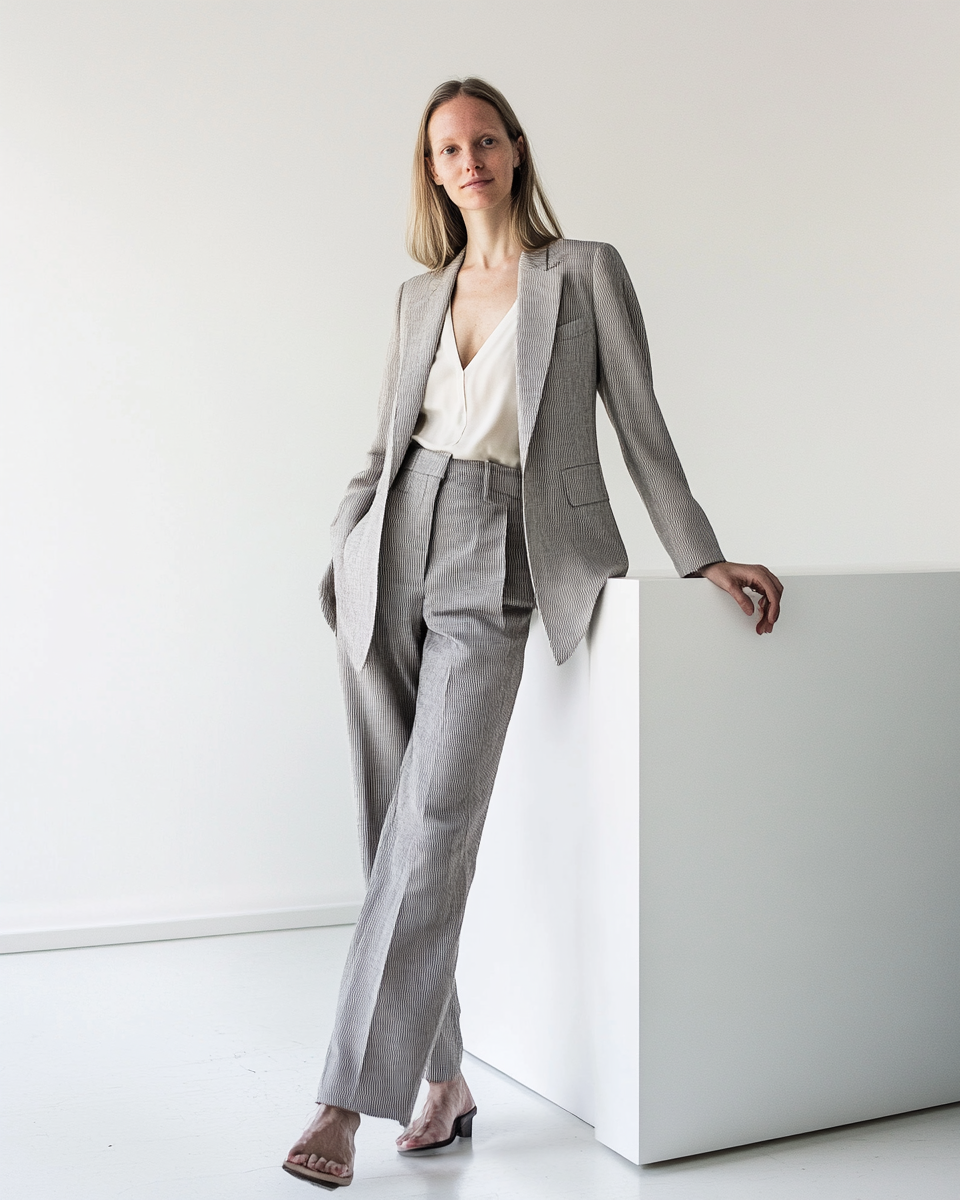 Tailored beige linen trousers drape