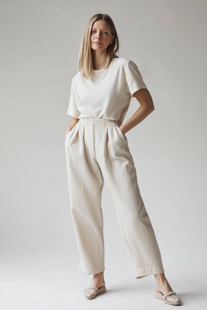 Model wearing The Faro Trouser in soft natural linen with a relaxed straight leg and elasticated waist.