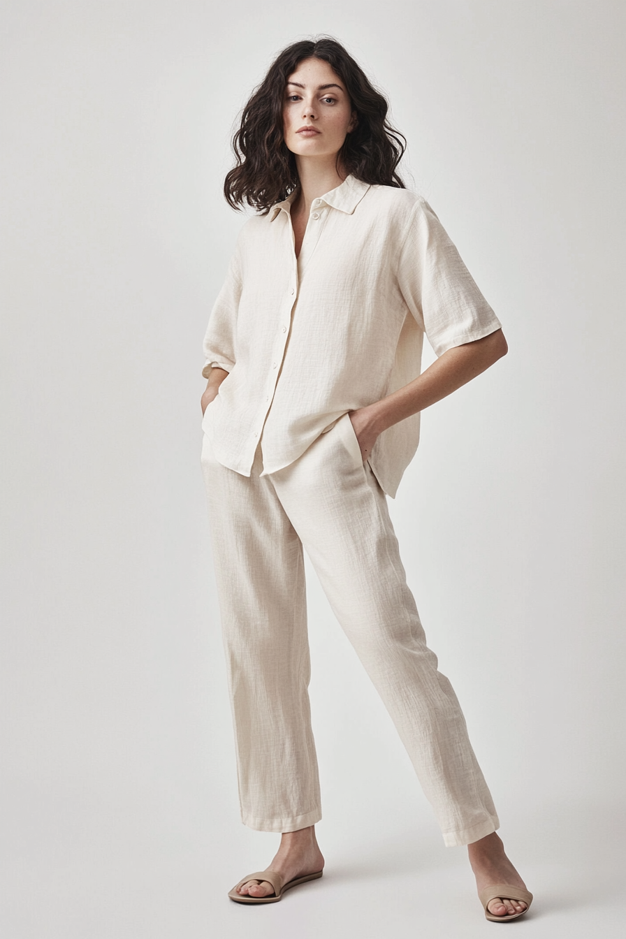 Model wearing The Vela Shirt in warm ivory linen with a relaxed fit and button-front closure.