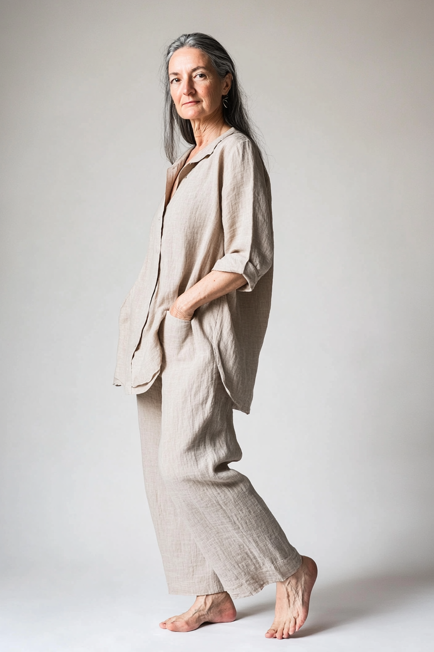 Model wearing The Arden Co-ord in soft natural linen with an oversized shirt and wide-leg trouser set.