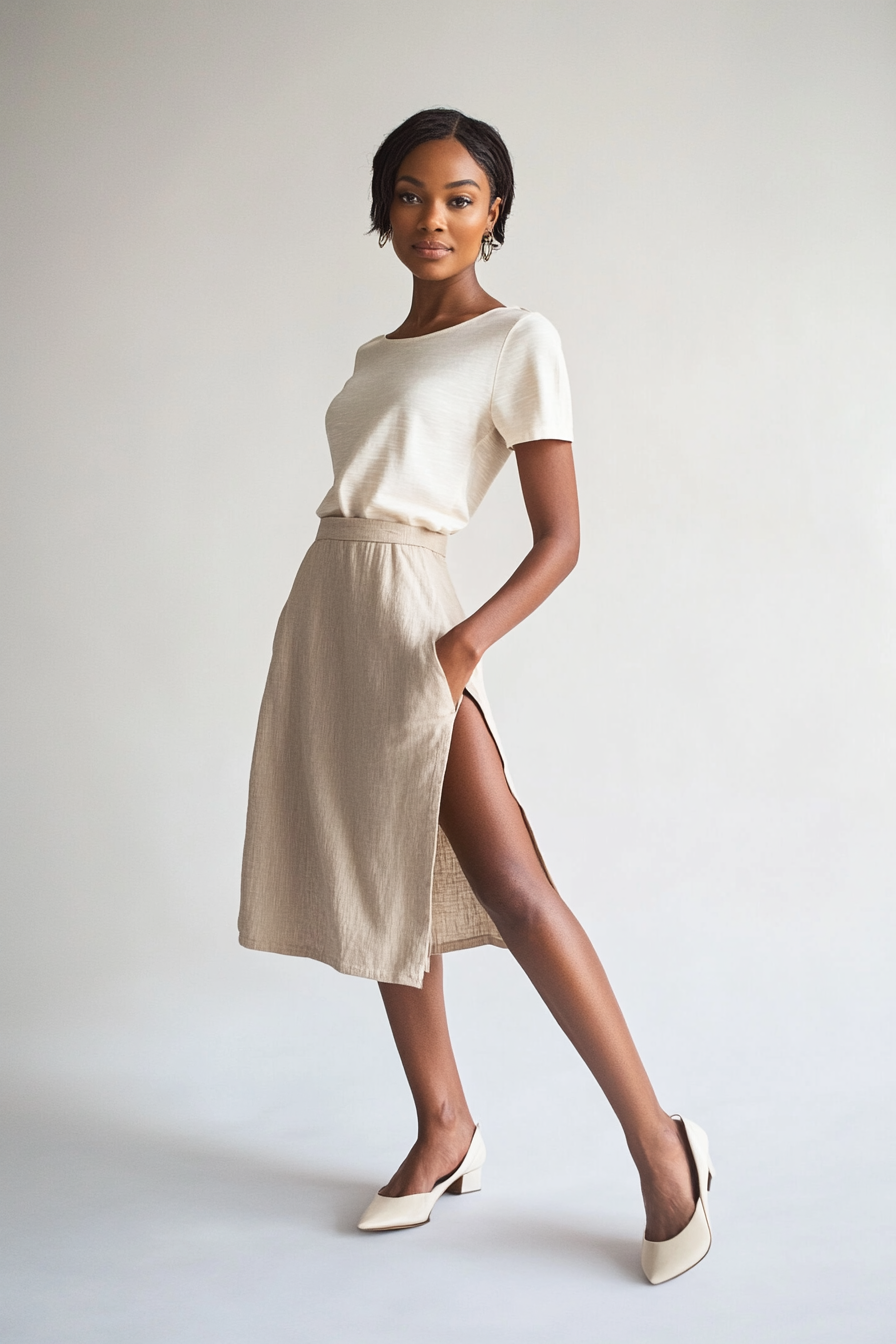Model wearing The Cove Skirt in warm sand linen with a midi length and side slit detail.