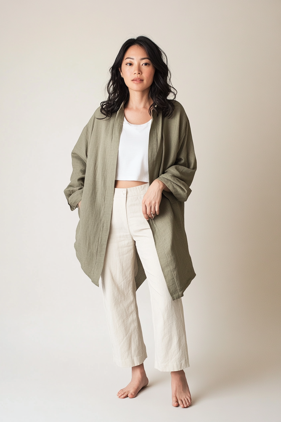 Model wearing The Brisa Overshirt in soft sage linen with an oversized silhouette and open front.