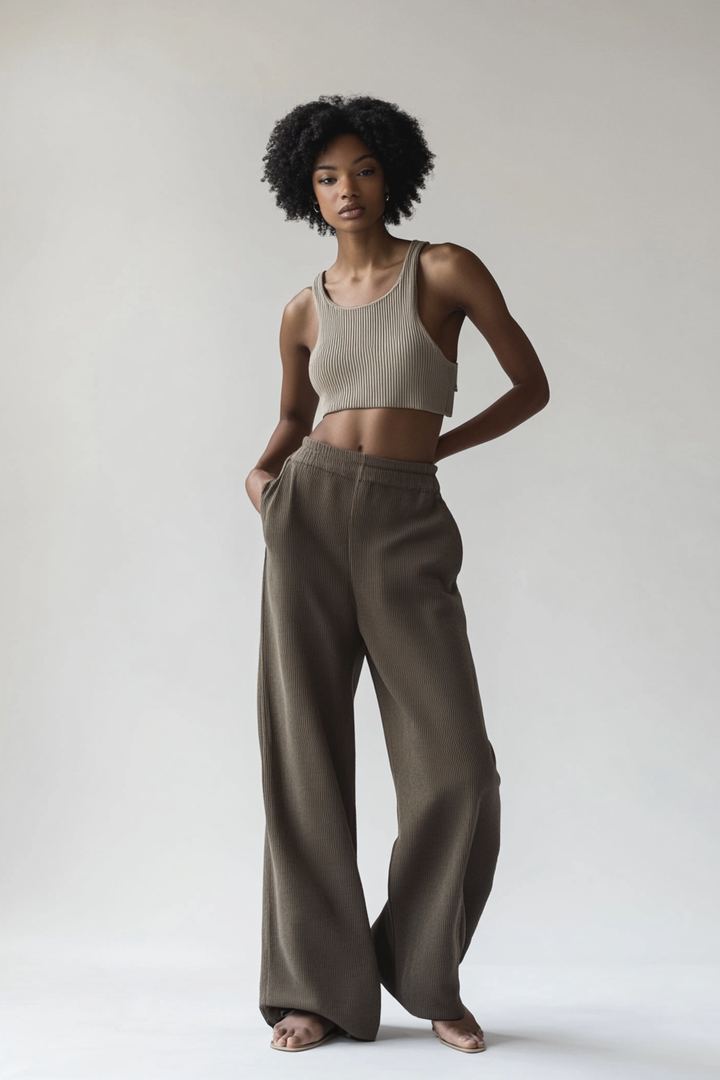 Model wearing The Ora Tank in oat ribbed cotton with wide straps and a relaxed silhouette.