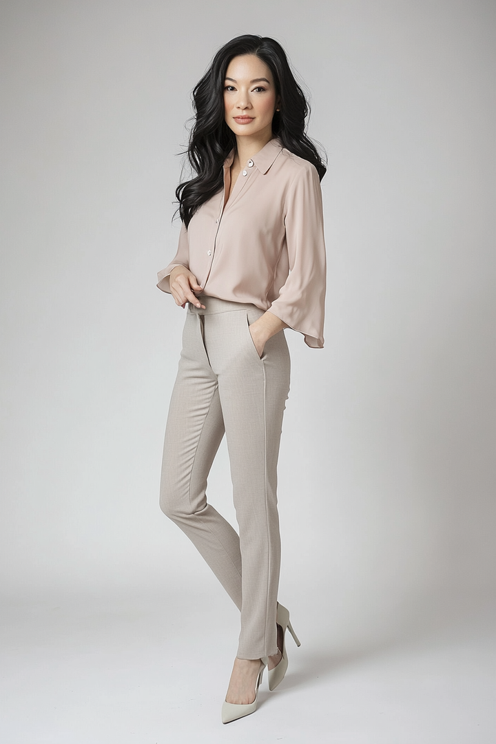 Model wearing The Aura Blouse in dusty blush with a relaxed button-front silhouette.