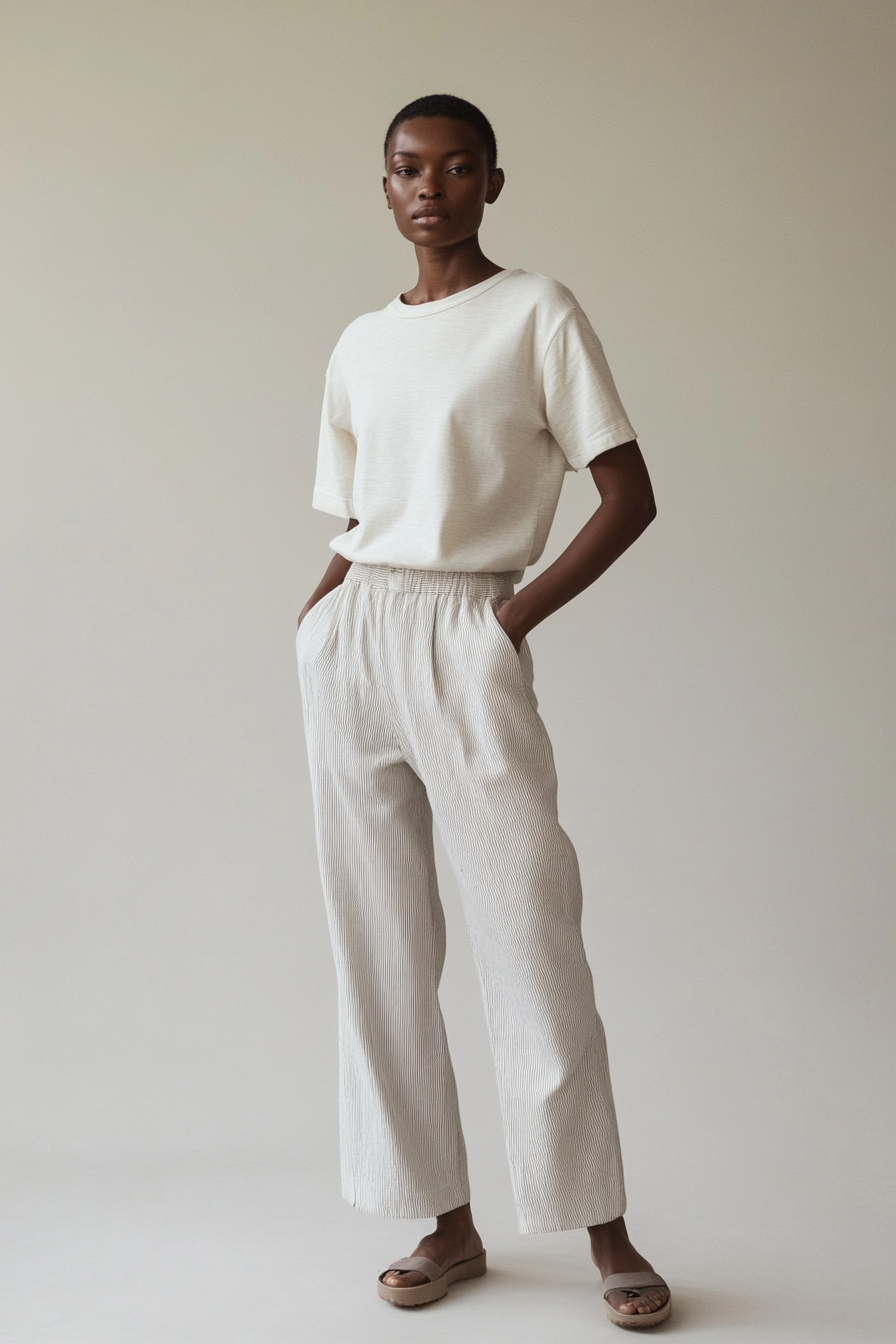 Model wearing The Finn Tee in cotton jersey with a boxy fit and fine ivory-and-stone stripe.