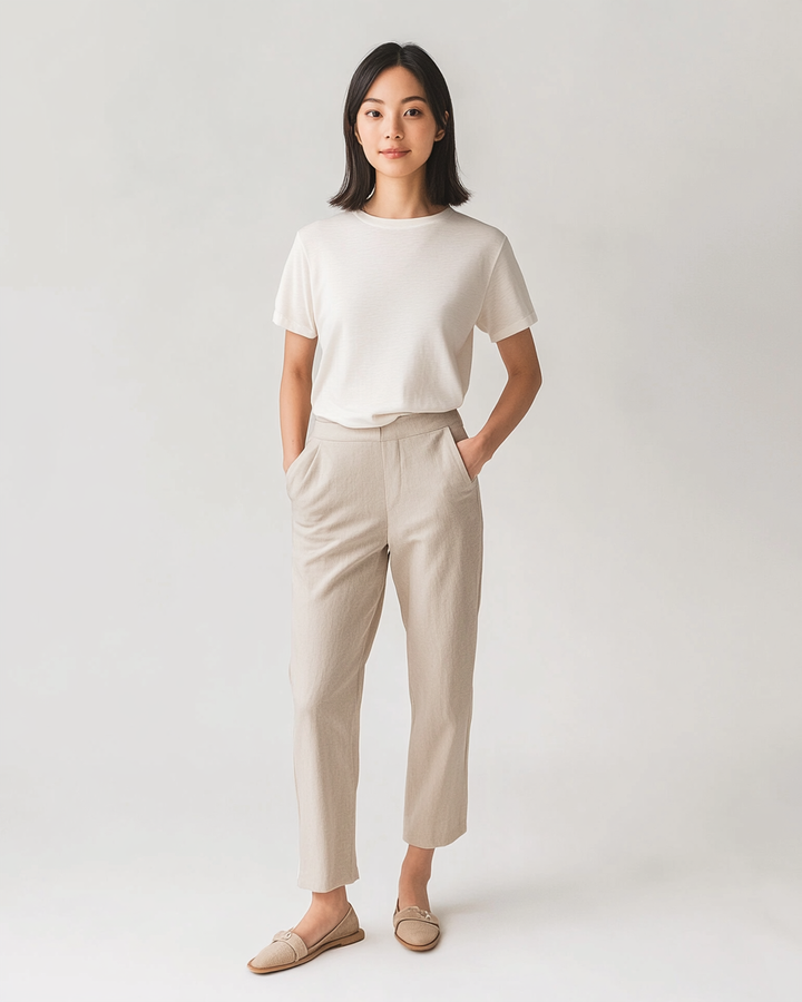 Model wearing The Ines Tee in warm white cotton jersey with a classic crew neckline and easy straight fit.