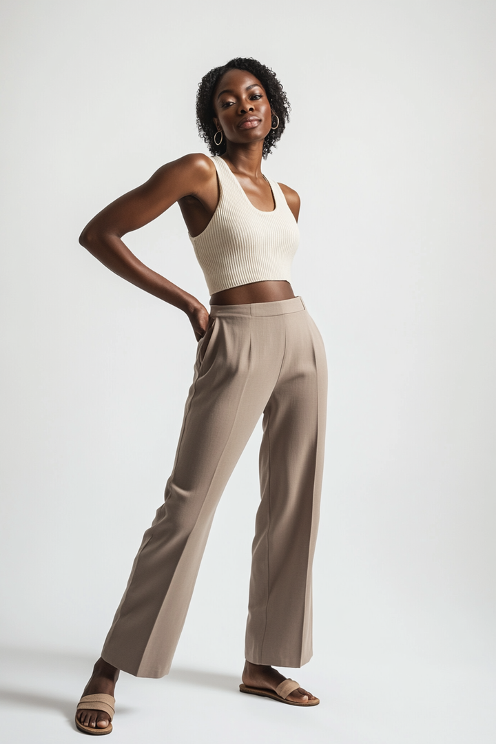 Model wearing The Riva Tank in oat ribbed knit with a wide scoop neckline and cropped fit.