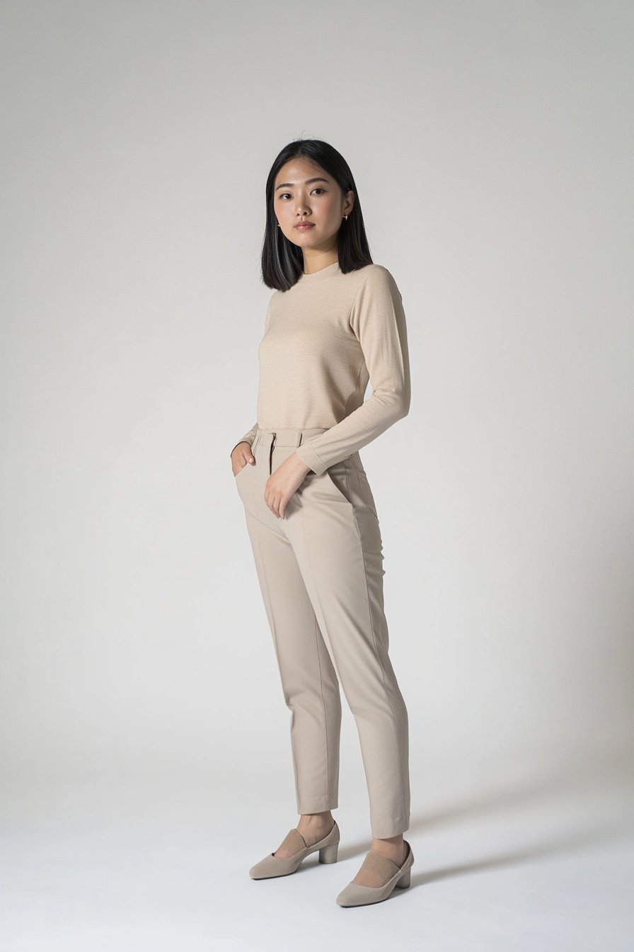 Model wearing The Form Long-Sleeve in soft sand jersey with a slim fit and clean crew neckline.