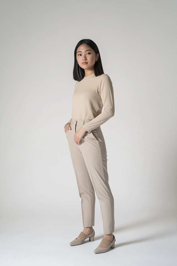 Model wearing The Form Long-Sleeve in soft sand jersey with a slim fit and clean crew neckline.