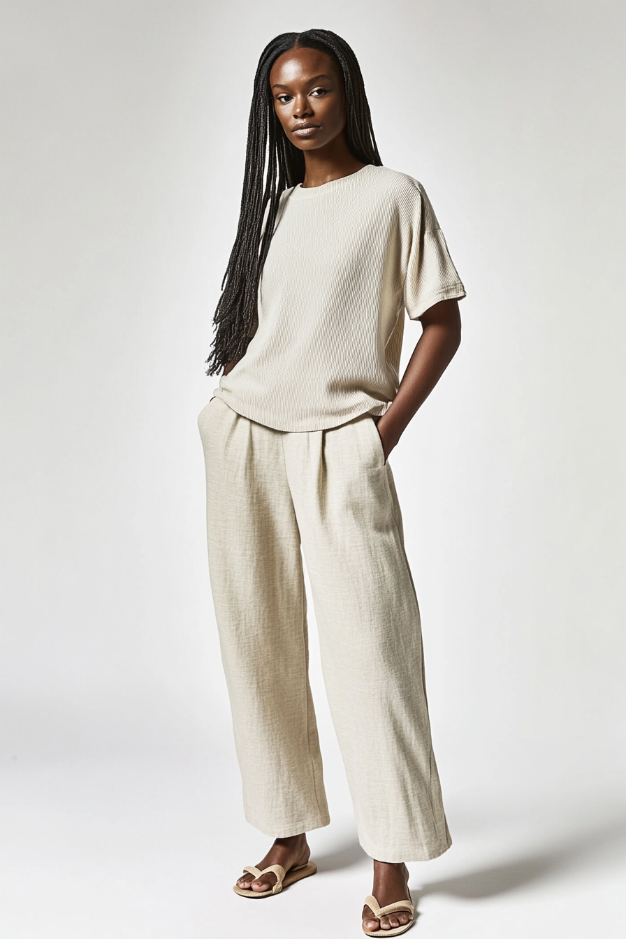 Model wearing The Rib Tee in a natural rib knit with a relaxed fit and soft texture.