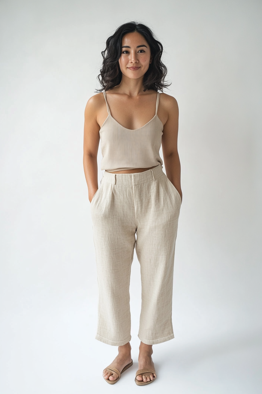 Model wearing The Cami in a warm natural ribbed knit with slim straps and a scoop neckline.